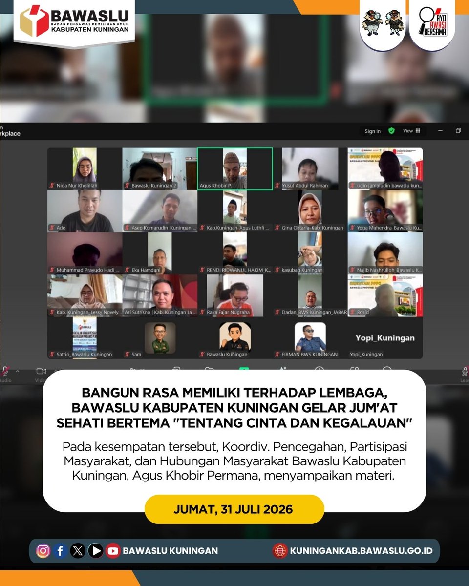 BawasluKuningan's tweet photo. Tentang Cinta dan Kegalauan, Menumbuhkan Rasa Memiliki terhadap Lembaga.

Agus menyampaikan, masa non-tahapan bukan berarti semangat pengabdian ikut berkurang. Melalui kegiatan Jum'at Sehati, Bawaslu Kabupaten Kuningan mengajak seluruh jajaran untuk terus menumbuhkan rasa cinta, https://t.co/dn3HbsH4OK
