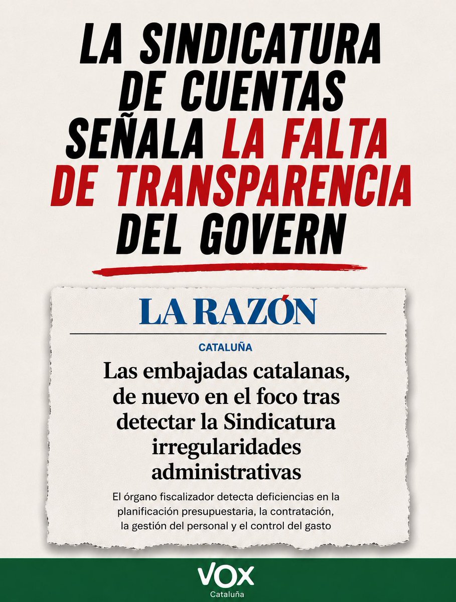VOX_Cataluna's tweet photo. ‼️ #URGENTE

La Sindicatura de Cuentas DESTAPA la falta de TRANSPARENCIA del Govern.

La Generalitat necesita menos propaganda institucional y más control. 

Los catalanes merecen saber a dónde va cada euro de los impuestos que pagan. 

⤵️ https://t.co/Dn1ONL5Lwo