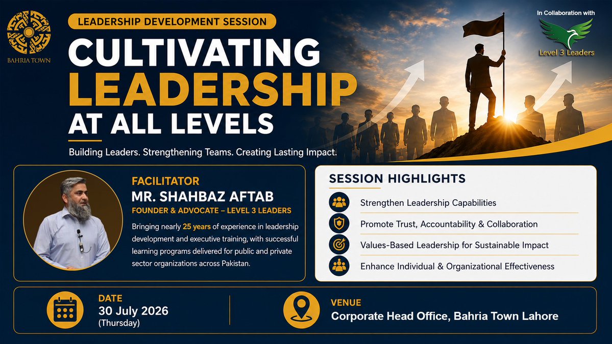 AwalMirKhan1's tweet photo. Leadership is NOT a Title — It’s an Organizational Superpower.

Bahria Town Lahore just leveled up its entire leadership bench with "Cultivating Leadership at All Levels”.
Great organizations don’t hire leaders. They build them at every single level. https://t.co/Kjjp16zJPm
