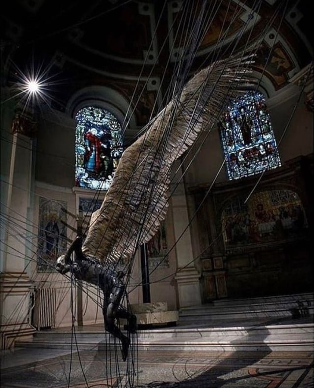 LeoDaVinciWave's tweet photo. Paul Fryer's Lucifer (Morning Star) (2008) reimagines the fallen angel tangled in wires, suspended between heaven and earth. A haunting installation that turns an abandoned church into part of the story. https://t.co/2ysH0kwlgd