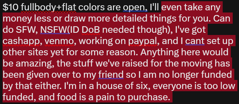 _HickeryDickery's tweet photo. Ive debated making a commission art page but I'm genuinely starving enough that doing the art page doesn't matter. Money's now being held from me, and we're way too low on food. I've been spacing food and eating less everyday. PLEASE help

(I am DESPERATE) https://t.co/8Rgp7FAf2B