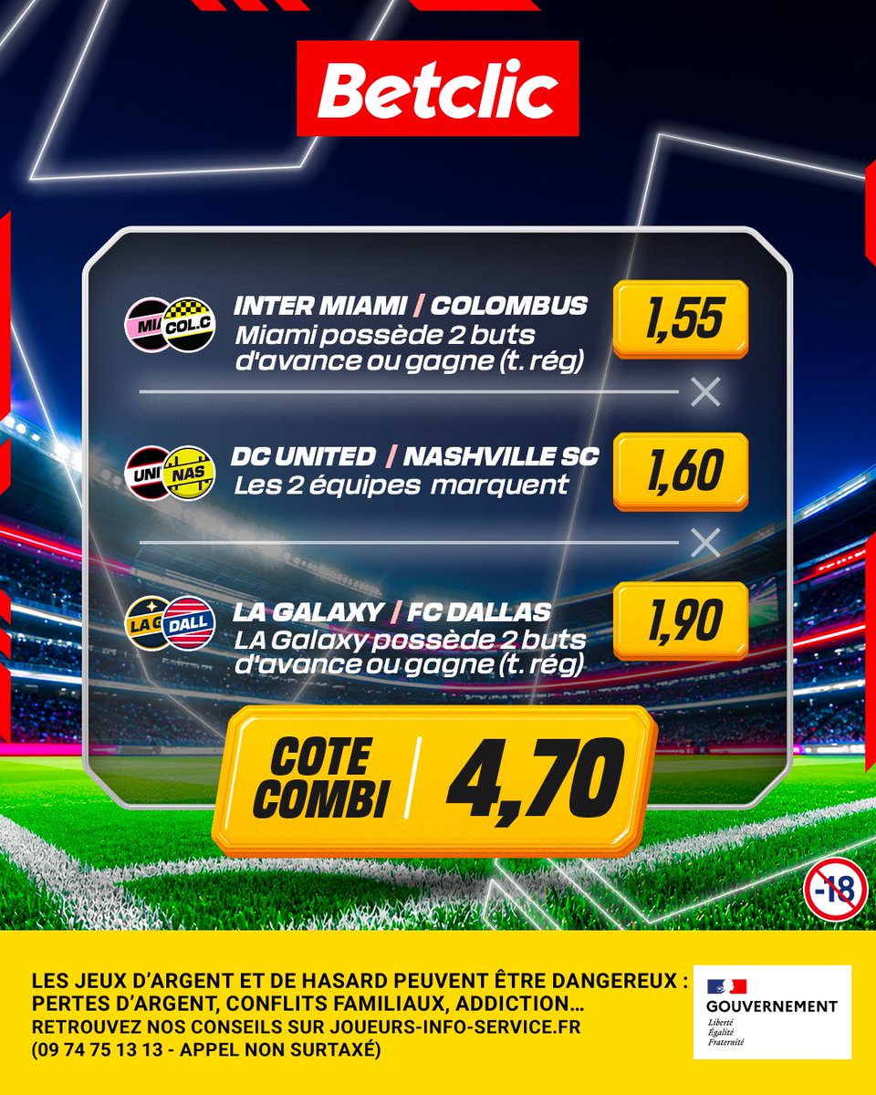 Betclic's tweet photo. Les matchs s'enchaînent cette nuit aux États-Unis ! 🇺🇸⚽️

🎯Retrouve le combi juste ici : https://t.co/q3v84KCKMM https://t.co/x3Hqbo6QeL