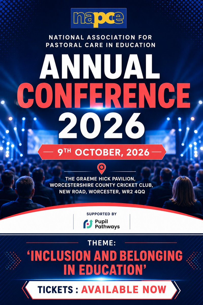 NAPCE1's tweet photo. 🎟️ Tickets are now on sale for the **NAPCE Annual Conference 2026**!

Join us on **9 Oct 2026** at **Worcester County Cricket Ground** to explore **Inclusion &amp; Belonging in Education** with inspiring speakers, practical insights &amp; networking.

👉 Book now

https://t.co/upQQ2RB6mn https://t.co/3WAWI64YiP