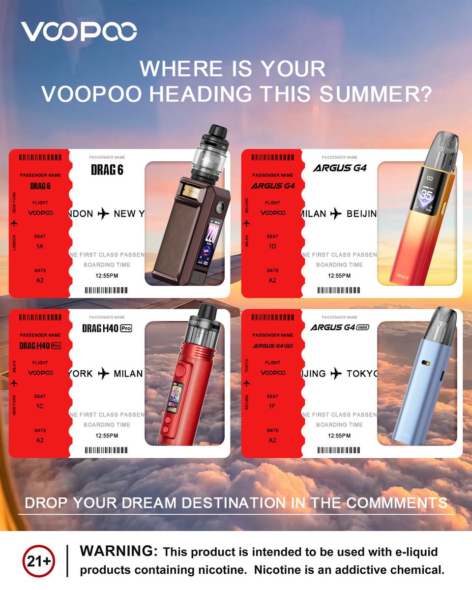VOOPOO_OFFICIAL's tweet photo. VOOPOO Friday⏰

✈ Flight VOOPOO is ready.
✈ Boarding now... Summer mode is ON.

Every adventure starts with choosing the right travel companion.

Which VOOPOO would you take on your next journey?

Tell us your destination + your VOOPOO 👇👇

#voopoo #voopoofriday #argusg4 https://t.co/VEyWQcf2B6