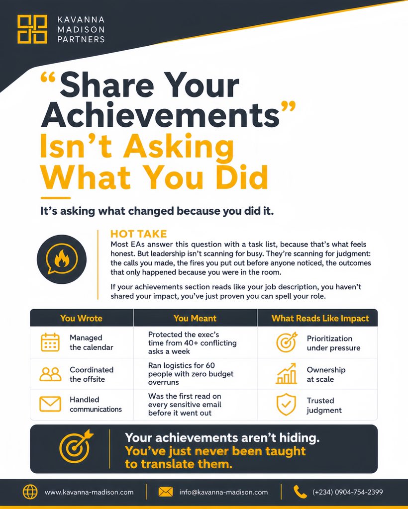KavannaMadison's tweet photo. Your achievements section should show impact, not tasks.

Highlight decisions made, risks prevented, and results delivered, not your job description.

#ExecutiveAssistants #CareerGrowth #Visibility #KavannaMadisonPartners https://t.co/FhwKFSXAqJ