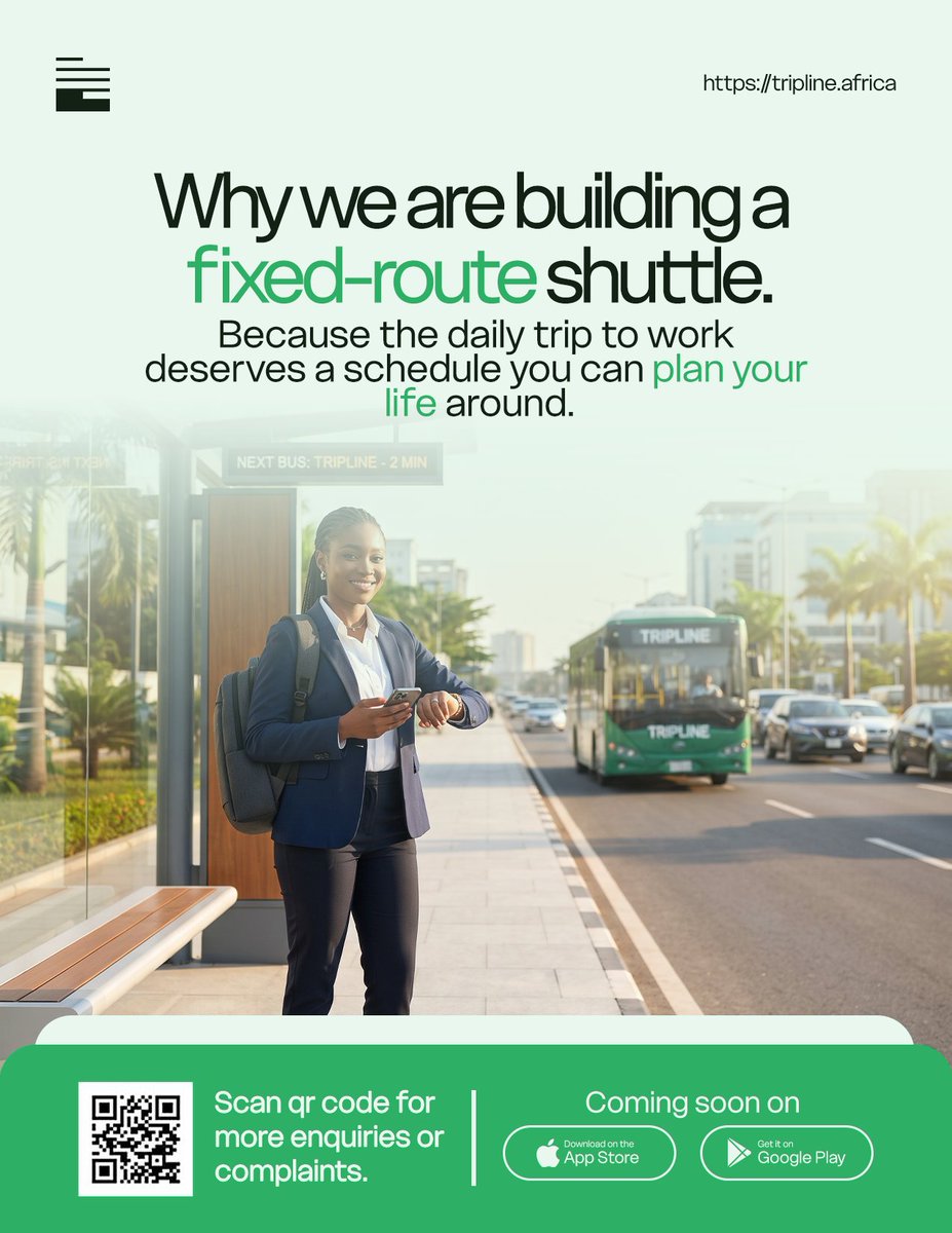 TriplineAfrica's tweet photo. Lagos traffic is already doing the most. 

Your commute shouldn't add to the stress.

That's why we're building a fixed-route shuttle you can actually depend on.

Leave on time. Get to work on time. Plan your life, not just your journey.

#TripLine #Lagos #Mobility #TechInAfrica https://t.co/cP0AqelxXB