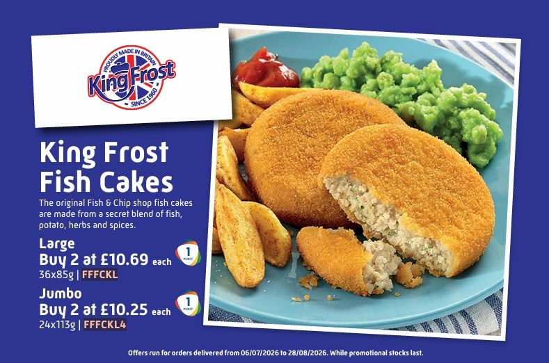 FriarsPride's tweet photo. Looking for a crowd-pleasing classic? 👀

King Frost Fish Cakes are back on promotion!

🐟 Large - Buy 2 for £10.69 each
🐟 Jumbo - Buy 2 for £10.25 each

Perfect for serving alongside chips and mushy peas. Promotion runs on deliveries up until 28th August 2026. https://t.co/vDfUZY6tck