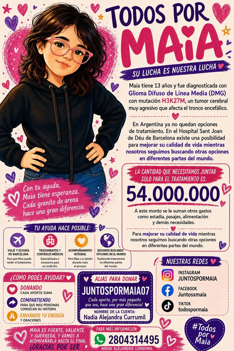 GimenaM7's tweet photo. @cmdeluzu Hola! Por favor nos ayudan con la difusión? Mai es de chubut,  tiene 13 años y fue diagnosticada con un Glioma Difuso línea media con mutación H3k27m.  Y en argentina ya no existen mas tratamientos.  Necesitamos q viaje urgente a España. #ndn #juntospormai #nadiedicenada https://t.co/Wbuz5i14M1