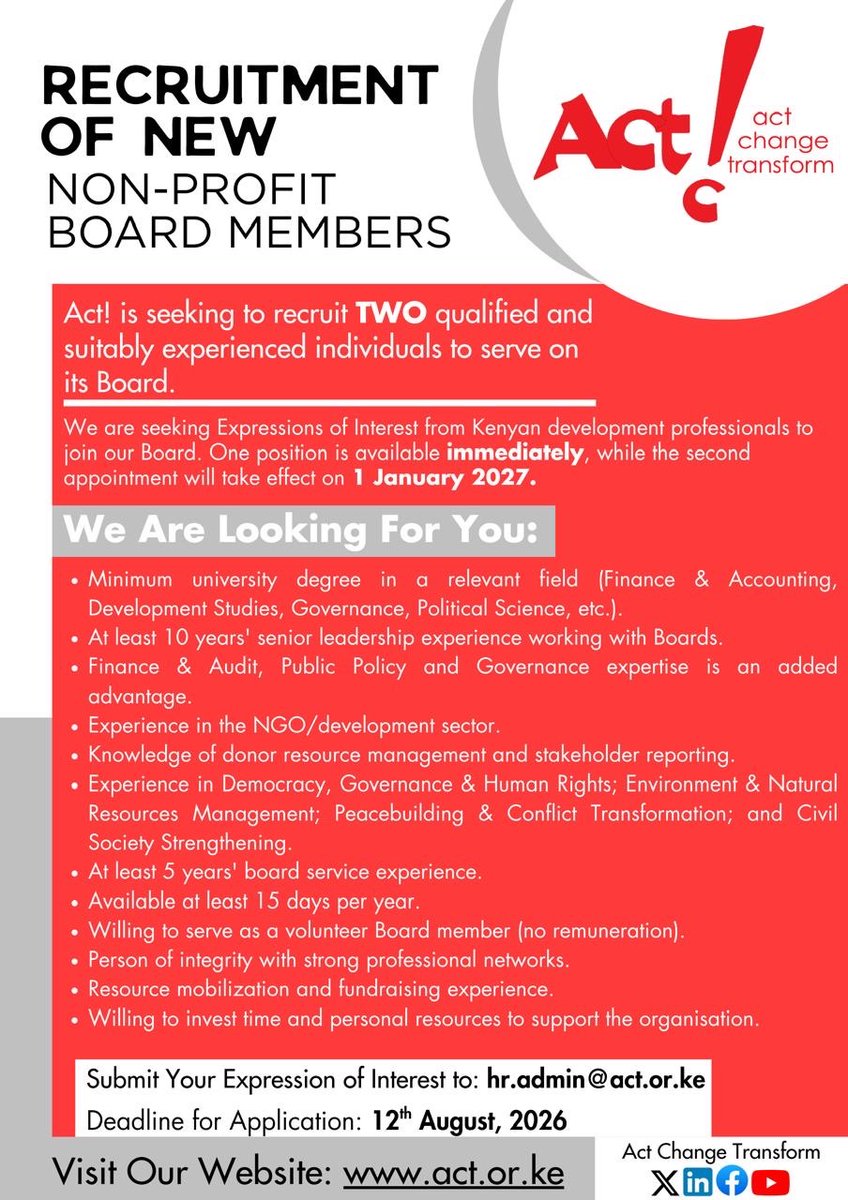 RonnieOsumba's tweet photo. The Act! Board is seeking to recruit2 new members to join an already strong team into a new phase of our growth. If interested please apply as per poster and circulate amongst your network. Thanks for your attention to this matter https://t.co/0MbgJBo7rQ