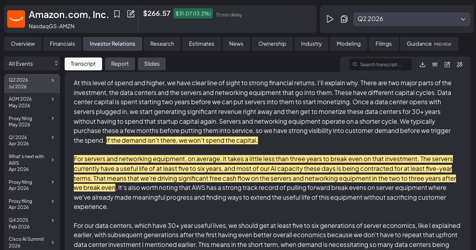fiscal_ai's tweet photo. Andy Jassy on ROIC:

"If the demand isn't there, we won't spend the capital. For servers and networking equipment, on average, it takes a little less than 3 years to break even on that investment."

$AMZN https://t.co/KvHO0G58VY