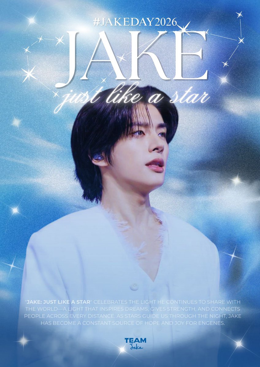 jakeupdateteam's tweet photo. Every year tells a different story.

This year, we're celebrating someone whose light reaches ENGENEs in the simplest yet most meaningful ways. Not all stars are found in the sky, some shine through their kindness, and the comfort they bring to others.

JAKE: 𝓙𝓾𝓼𝓽 𝓵𝓲𝓴𝓮 𝓪 𝓼𝓽𝓪𝓻✨

#JAKEDAY2026 
#JAKE #ENHYPEN_JAKE #제이크 #엔하이픈_제이크 #ジェイク @ENHYPEN_members @ENHYPEN