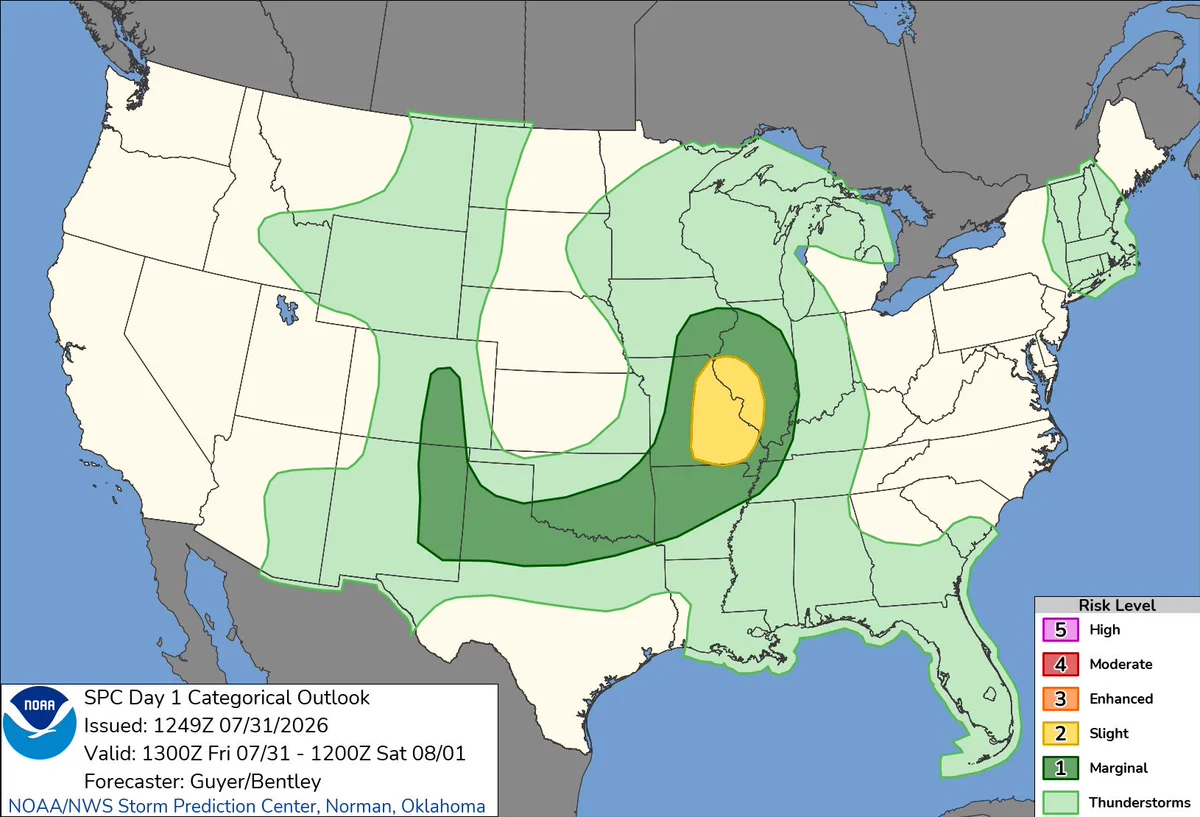 NOAA Storm Prediction Center Day 1 Severe Weather Outlook for Friday, July 31, 2026, valid from 7:00 AM Friday through 7:00 AM Saturday. A Slight Risk (Level 2 of 5) area (yellow) is centered over eastern Missouri and western Illinois. A surrounding Marginal Risk (Level 1 of 5) area (dark green) extends from eastern New Mexico and west Texas across Oklahoma, Kansas, Missouri, Illinois, and into southern Wisconsin, with a separate marginal area over western Colorado. Broader light green thunderstorm areas cover portions of the central Rockies, central and southern Plains, Upper Midwest, Great Lakes, Gulf Coast, Florida, and New England, with a small area along the Georgia and South Carolina coast.