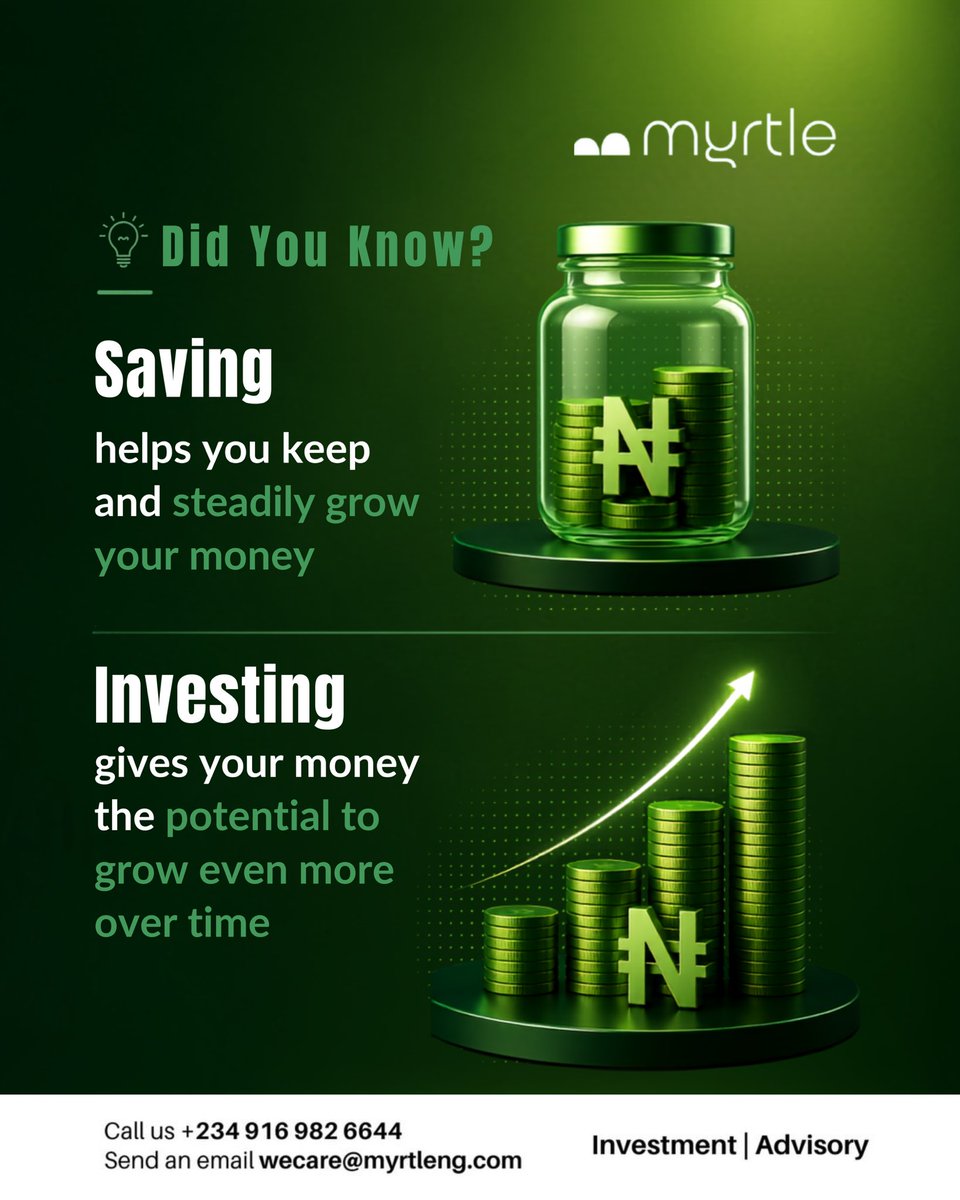 MyrtleFinancial's tweet photo. Many people save to keep their money safe, but investing introduces the possibility of growing it over time.
Both have a role in a healthy financial plan. The key is knowing when to save and when to invest.

#myrtleassetmanagement #didyouknow https://t.co/MxjTFX4pCc
