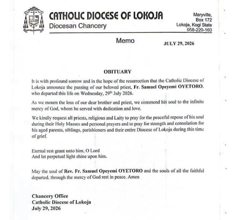 FrUgochukwu's tweet photo. A CATHOLIC PRIEST MURDERED IN AJAOKUTA

Fr. Samuel Opeyemi Ayetoro, a priest of Lokoja Diocese, Nigeria was murdered in Ajaokuta on July 29, 2026, after being stabbed multiple times. No priest should have to lay down his life in such violence while serving God's people. May his soul rest in peace, and may justice be done.