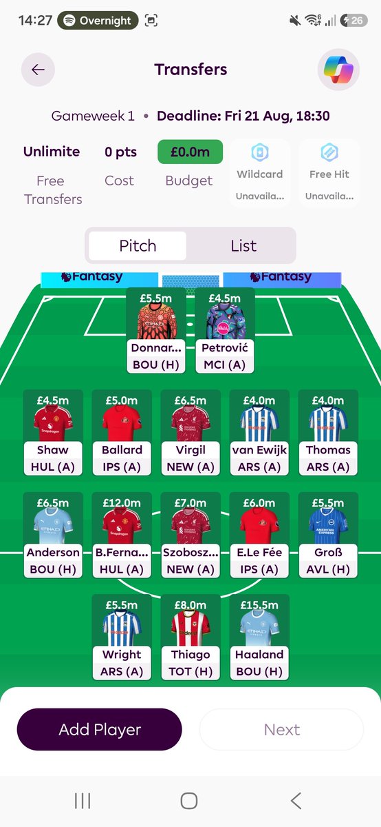 FPL_SK1LZ's tweet photo. @FPL__Raptor Hi Ross hope you're well mate, would really appreciate your rating and advice. The plan is BB2, TC3, WC4. No transfers gameweeks 1 to 3. https://t.co/1Vl15UBkZ5