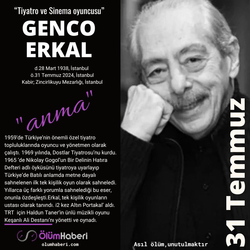 OlumHaberi's tweet photo. GÜNÜN ANMALARI. (31.Temmuz)
Galip Özmen
Genco Erkal
Murat Göğebakan
Nedret Güvenç
https://t.co/mHRZXAkEsq
#İstanbul #vefat #anma #tarih #GalipOzmen #GencoErkal #MuratGogebakan #NedretGuvenc #sehit #tarih #sinema #yazar #tiyatro #cerrah #diisler #sehit #muzik #Ankara #Adana https://t.co/sTYbcYklAN