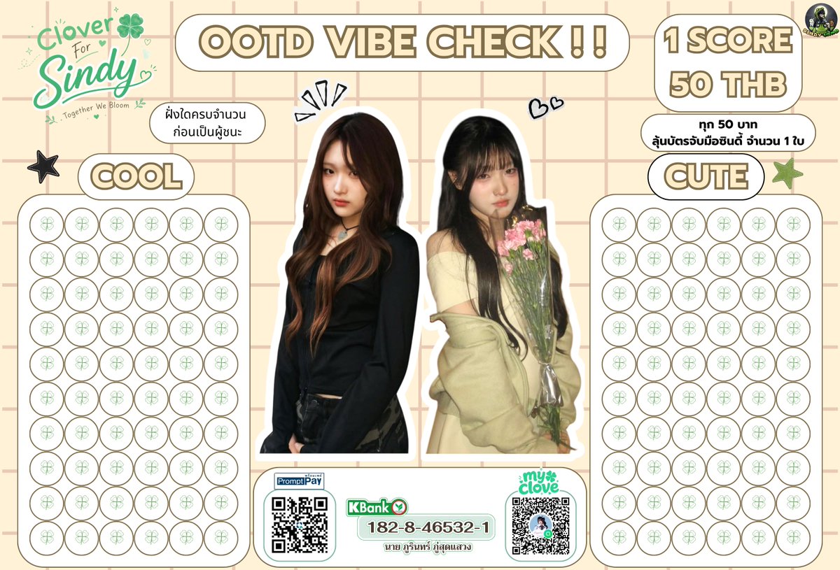 SindyBnk48_THFC's tweet photo. [🍀👗] #CloverForSindy
Bloom #3 — "OOTD Vibe Check!!"

OOTD ของซินดี้ลุคไหนที่ตรงกับใจคุณที่สุด? 💚

😎 Team Cool หรือ
🥰 Team Cute

1 Score = 50 THB
เมื่อฝั่งใดครบจำนวนก่อนเป็นผู้ชนะและจบกิจกรรม

📅 ระยะเวลากิจกรรม
วันนี้ – 7 สิงหาคม 2569 เวลา 23.59 น.

🎁 ของรางวัล
บัตรจับมือซินดี้ จำนวน 1 ใบ
(สุ่มแจกและรับหน้าเลนจับมือซินดี้)

มาเช็กกันว่าซินดี้ลุคไหนจะครองใจทุกคนมากที่สุด! 💚

🏦 ช่องทางการโดเนท
K Bank : 182-8-46532-1
ภูรินทร์ ภู่สุดแสวง

#SindyBNK48
#BNK48CGM48_GE2026
—✨ #BNK48 #SindyLands