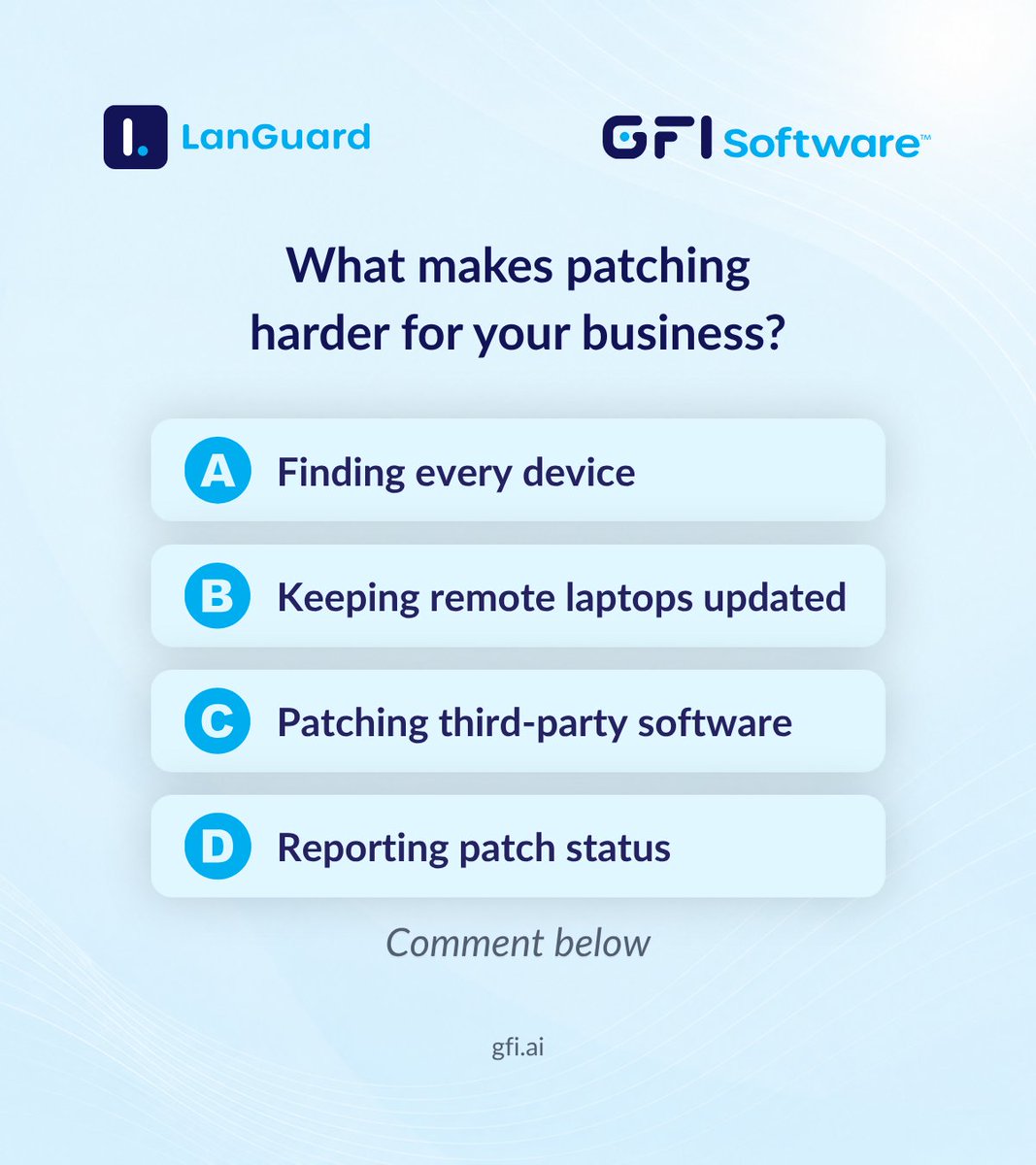 GFISoftware's tweet photo. One missed update can stay invisible until it becomes a bigger problem.
GFI LanGuard helps businesses see what is connected, find security gaps and manage patching from one place.
Learn more: https://t.co/YW3PNluE7u
#PatchManagement #Cybersecurity #GFILanguard https://t.co/O0fCM2fZZI