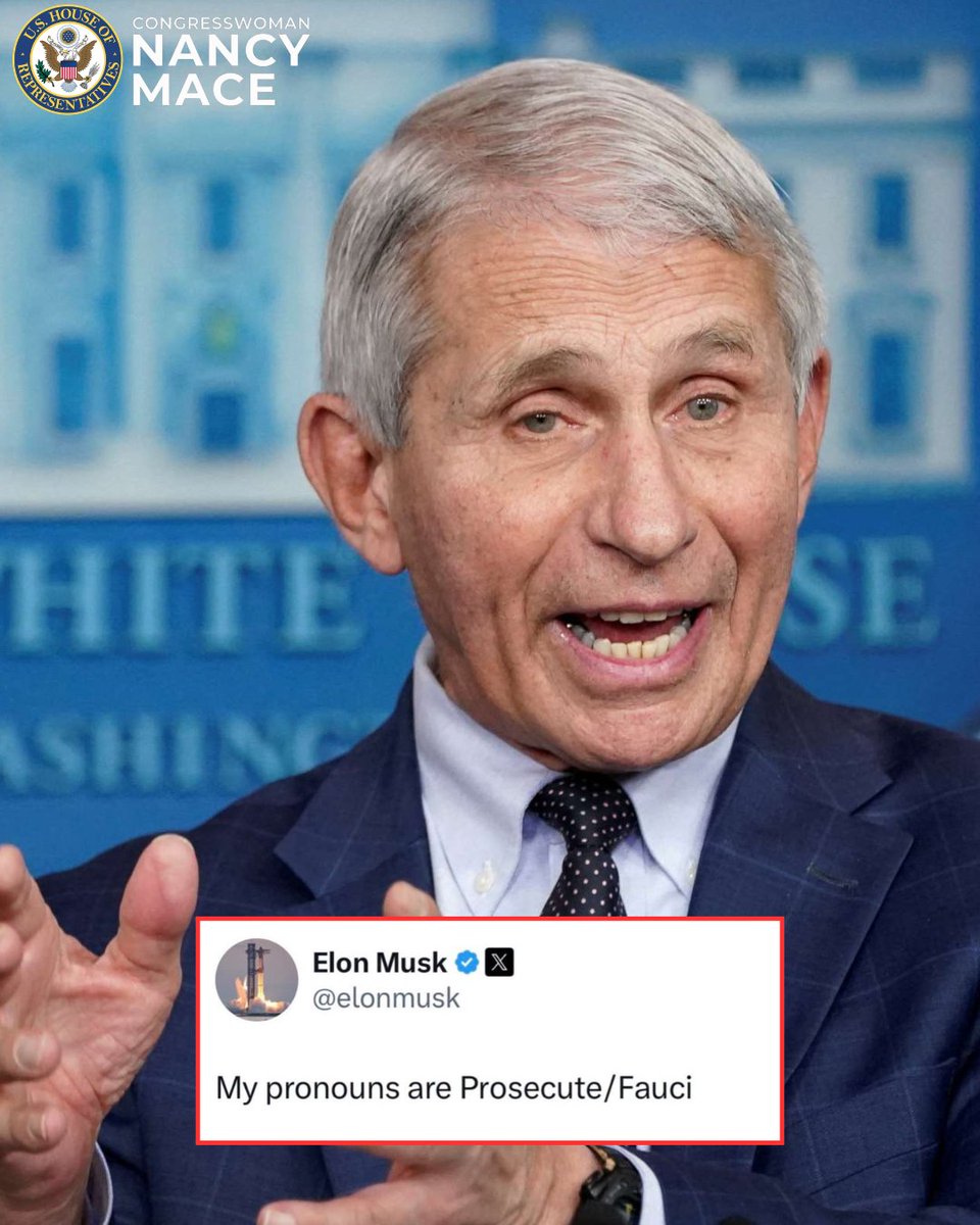 RepNancyMace's tweet photo. Anthony Fauci spent years telling the American people to trust the science. When given the chance to answer for it under oath, he pleaded the Fifth. 

Americans said goodbye to loved ones through plexiglass. Businesses were destroyed. Kids lost years of their education. While millions were dying, Fauci was collecting celebrity friends, clipping newspaper articles about himself, and writing in his diary about being the most famous person in the country.

Fauci looked Congress in the eye and lied under oath about funding research tied to a pandemic killing millions, research he used as justification to shut down our country. His agency's own deputy director admitted the truth on the record.

Dr. Fauci can plead the Fifth all he wants, but if Biden's autopen pardon is valid, he has no legal grounds to do so. His refusal to answer questions after receiving a pardon should result in him being held in contempt of Congress. The American people are still waiting for the truth about COVID, and they deserve to see Anthony Fauci held accountable.