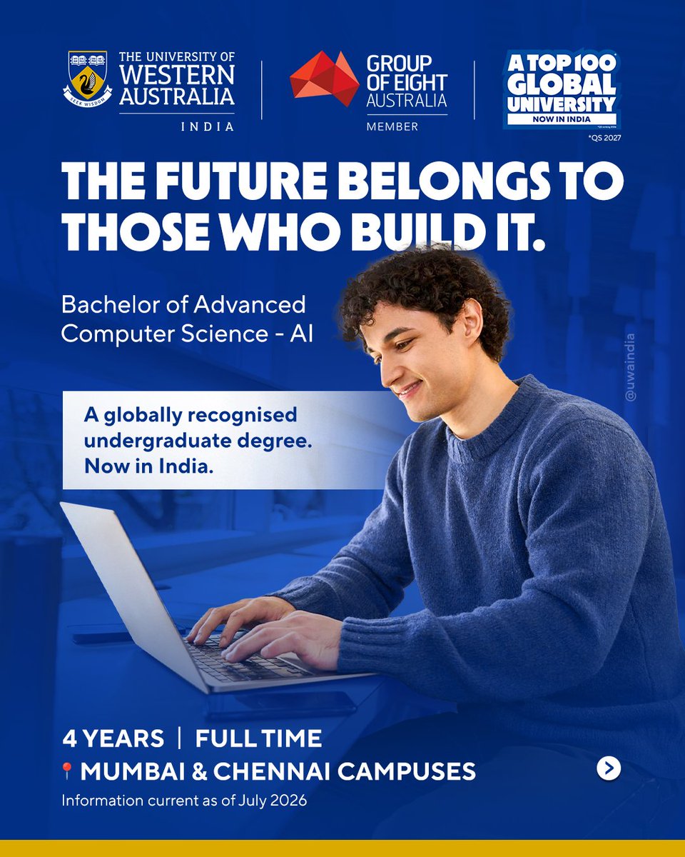 uwaindia's tweet photo. Study Bachelor of Advanced Computer Science (AI) at UWA India.

This 4-year full-time UG programme will equip you with future-ready skills in AI, Machine Learning &amp; Ethics in AI.

Apply Now: https://t.co/KUeIQoY2kl

#UWAIndia https://t.co/tJ2lfwTqXT