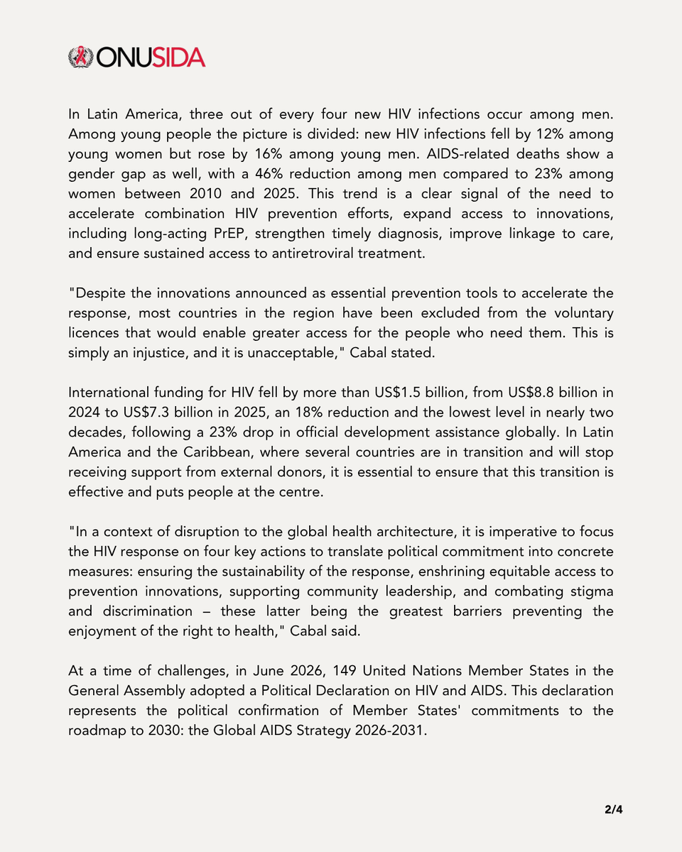 UnaidsLac's tweet photo. 📢 #PressRelease | Following the launch of the UNAIDS Special Report at the 26th International AIDS Conference (#AIDS2026), the UNAIDS Regional Office for Latin America and the Caribbean warns about the impact of the funding crisis.

🔗Link Report: https://t.co/jCdnMDjhMZ https://t.co/B3gorn2BFX