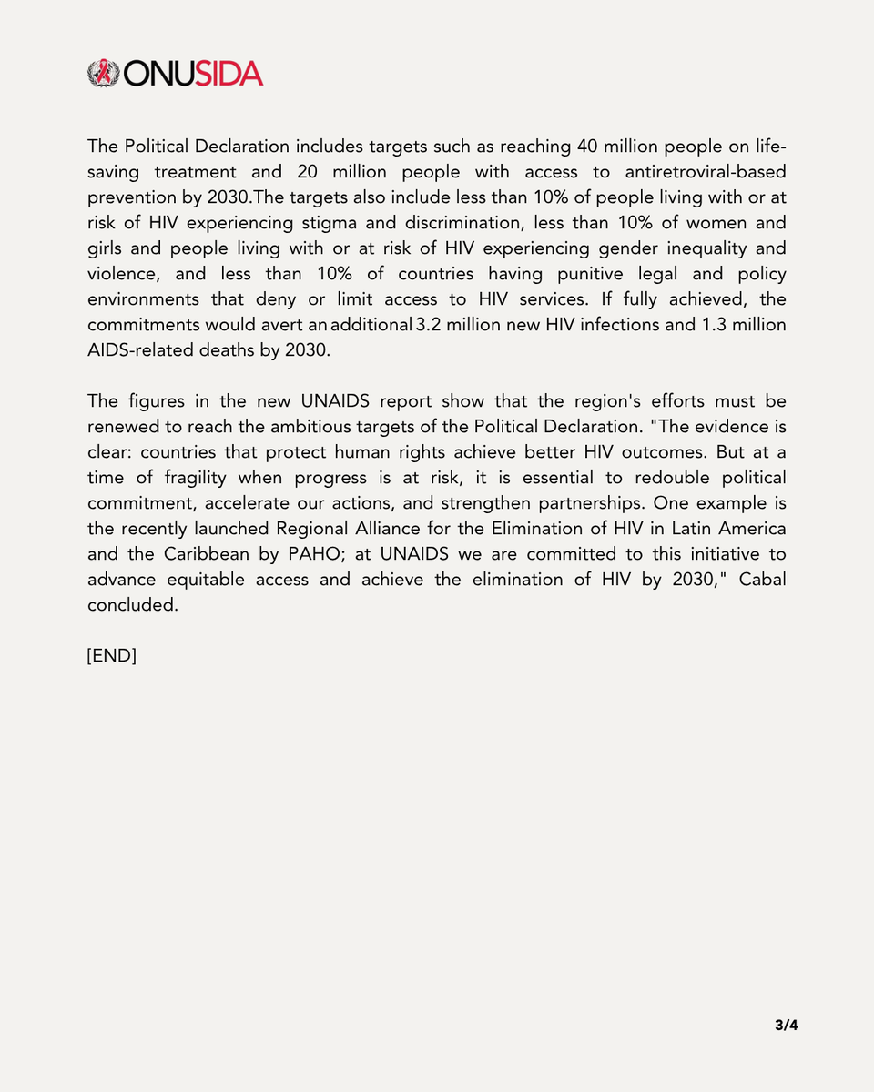 UnaidsLac's tweet photo. 📢 #PressRelease | Following the launch of the UNAIDS Special Report at the 26th International AIDS Conference (#AIDS2026), the UNAIDS Regional Office for Latin America and the Caribbean warns about the impact of the funding crisis.

🔗Link Report: https://t.co/jCdnMDjhMZ https://t.co/B3gorn2BFX