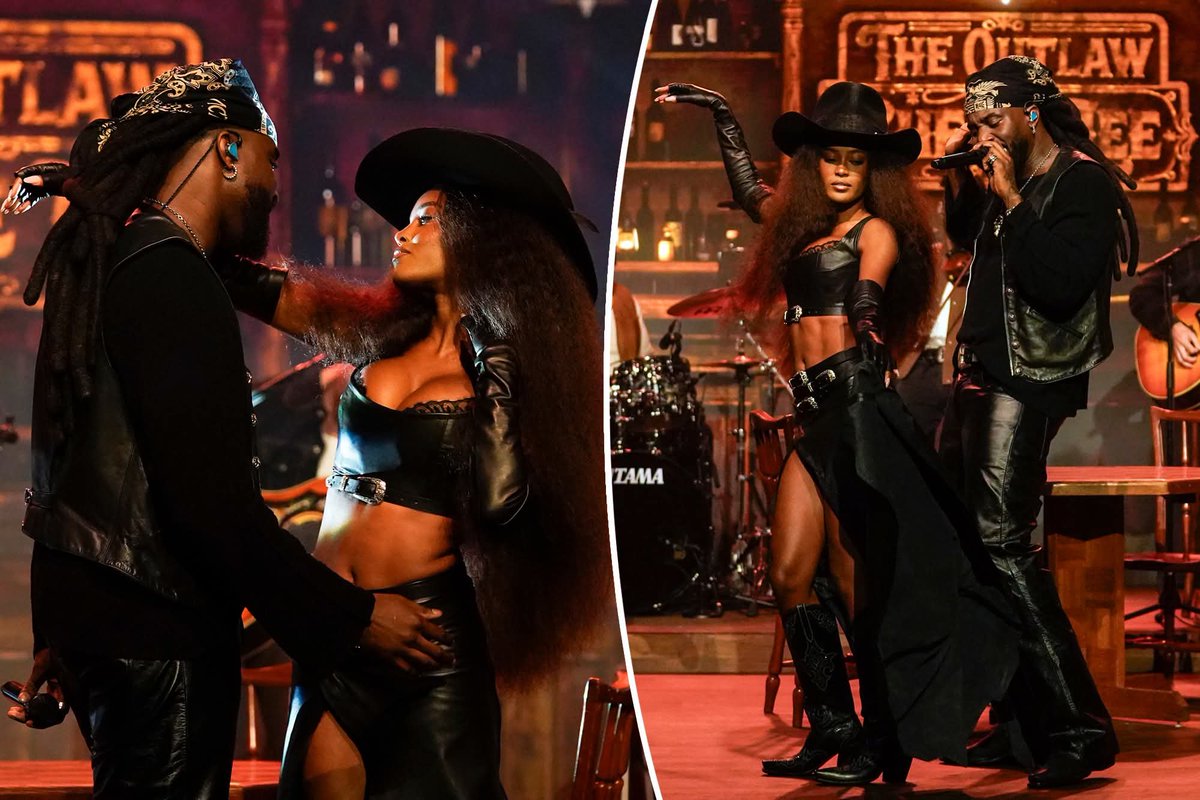 RapidInfoHub's tweet photo. Ciara Miller is Shaboozey's leather-clad cowgirl on 'The Tonight Show' https://t.co/MijmjhdCpq