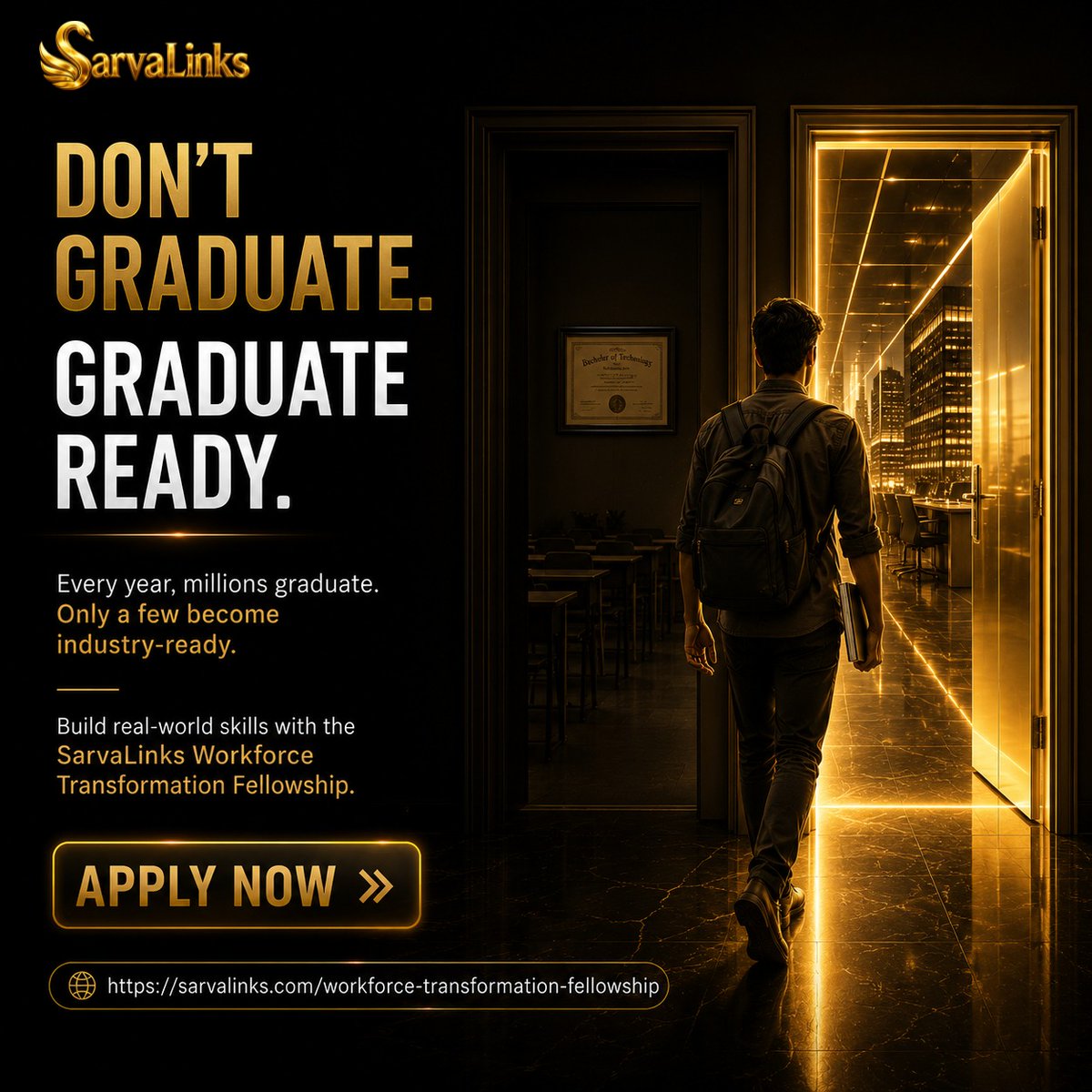 sarvalinks's tweet photo. Don't just graduate.

Graduate Ready.

Gain real-world experience, leadership skills, and industry exposure with the SarvaLinks Workforce Transformation Fellowship.

🚀 Apply Now:
https://t.co/9slVtBQA9W

#GraduateReady #Career #Students #FutureOfWork #SarvaLinks https://t.co/CCw013oHW2