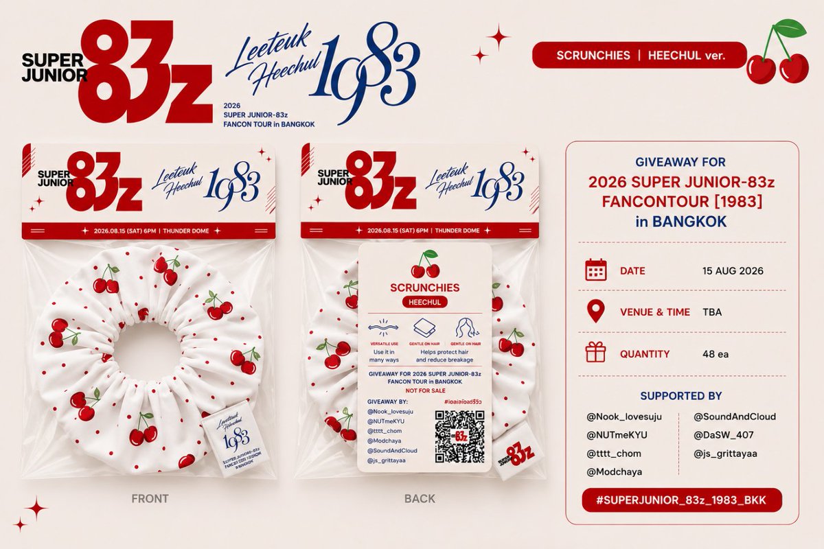 Nook_lovesuju's tweet photo. 🍒 𝑪𝒉𝒆𝒓𝒓𝒚 𝒌𝒊𝒔𝒔𝒆𝒔 &amp; 𝑲𝒐𝒐𝒏𝒈𝒊𝒆 𝒉𝒖𝒈𝒔 𝒂𝒓𝒆 𝒘𝒂𝒊𝒕𝒊𝒏𝒈 𝒇𝒐𝒓 𝒚𝒐𝒖 🐶

🎁 𝑮𝒊𝒗𝒆𝒂𝒘𝒂𝒚𝒔 𝒇𝒐𝒓 
#SUPERJUNIOR_83z_1983_BKK

🎀 Cherry Scrunchies × 48 
🐶 Koongie Twilly × 48 
✨ Total: 96 ea

📅 15 AUG 2026
📍Venue &amp; Time : TBA

ตื่นเต้วว See u kaa! ♡ https://t.co/xovCug1NdT