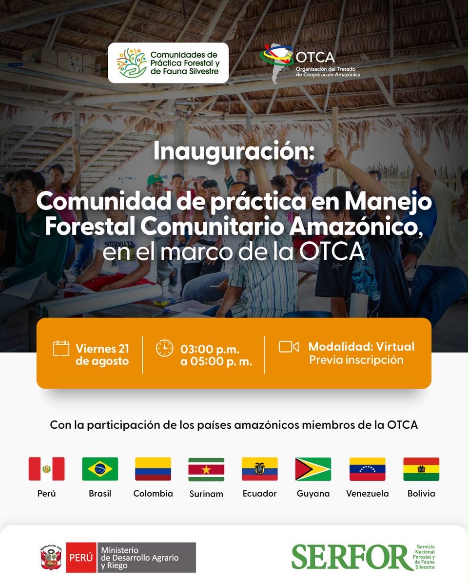 SerforPeru's tweet photo. 🌳 ¡Impulsamos la Cooperación Regional para los bosques amazónicos!

El Serfor, en el marco de la presidencia peruana de la Red de Autoridades Forestales (RAFO), inaugura: Comunidad de Práctica en Manejo Forestal Comunitario Amazónico

🔗 Inscríbete aquí: https://t.co/fguce8fMHT https://t.co/oHGg5WQ2iZ