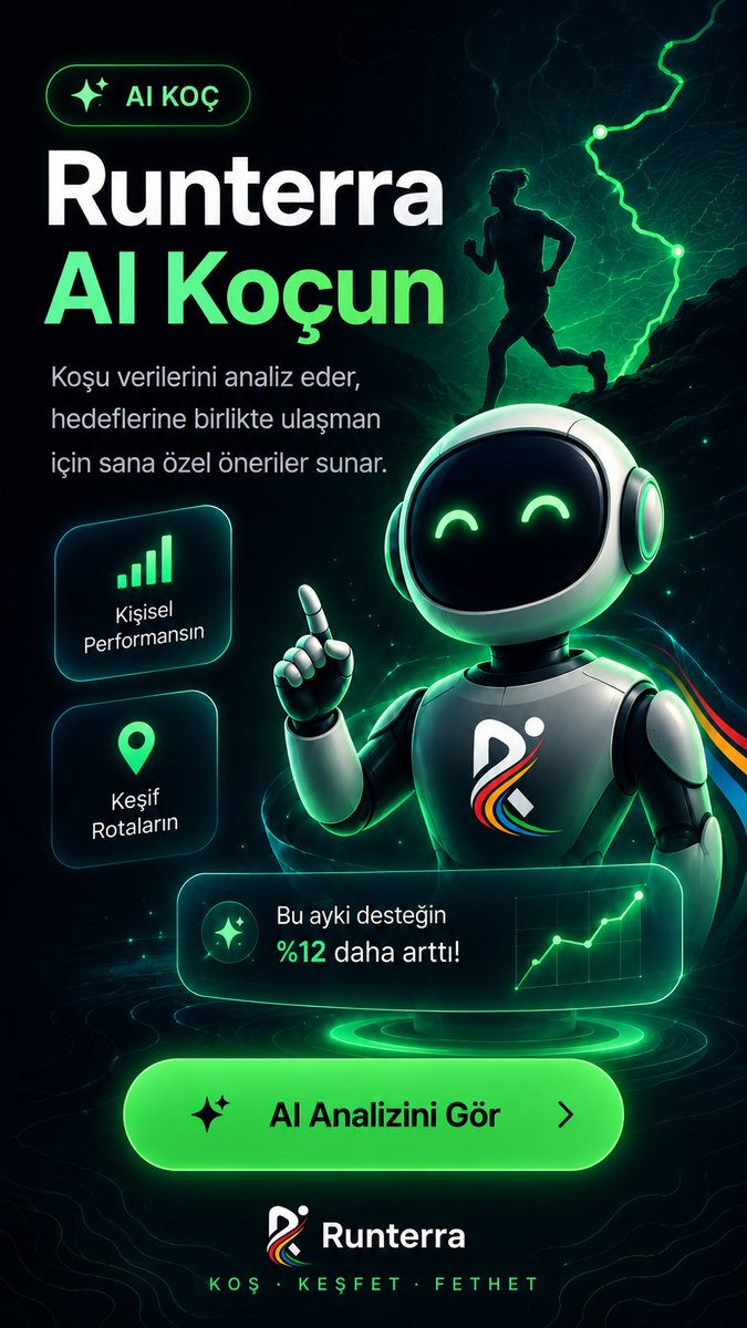 runterraApp's tweet photo. Koşmak artık sadece kilometre tamamlamak değil.

Artık her koşu, sana özel analizlerle daha akıllı. 🧠🏃

🤖 Runterra AI Koçun
��� Performansını analiz eder.
• Güçlü ve zayıf yönlerini gösterir.
• Sana özel öneriler sunar.
• Yeni rotalar keşfetmene yardımcı

#Runterra #AIKoç https://t.co/CADds1VfAw