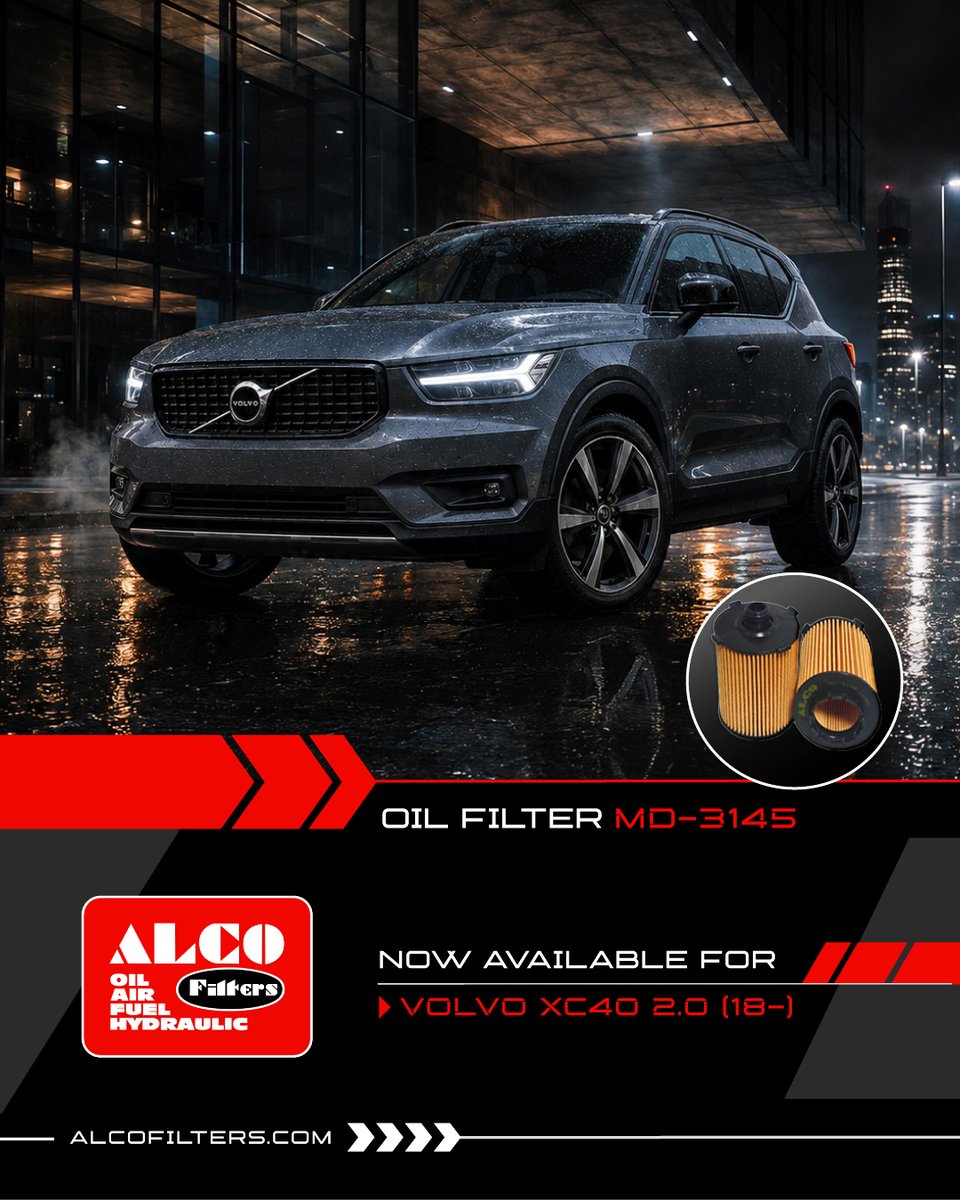 ALCOfilters's tweet photo. NEW FILTER RELEASE! ๐ข๏ธโ๏ธ
ALCO Oil Filter MD-3145 is now available for the Volvo XC40 2.0 (2018โ).
Precise fit. Dependable filtration. Reliable engine protection.
Explore: https://t.co/UUz1mdrxaX
#ALCOFilters #MD3145 #VolvoXC40 https://t.co/xm0jIZnLIs