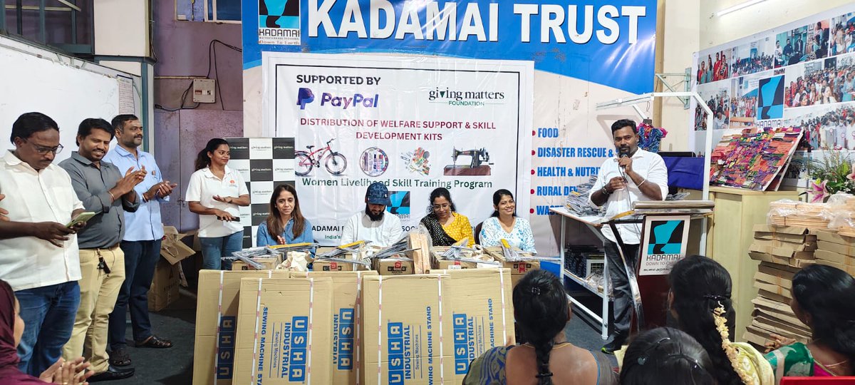 KadamaiE's tweet photo. "We don't train employees, We build Entrepreneurs"  Proudly distributed 40 Sewing Machines, 40 Aari Kits &amp; 25 Bicycles to Kadamai Beneficiaries in North Chennai’s fishing community.
Thank you @PayPal &amp; Giving Matters Foundation 
#KadamaiTrust #WomenEmpowerment #CSR #SocialImpact https://t.co/Hj2x7JQFvF