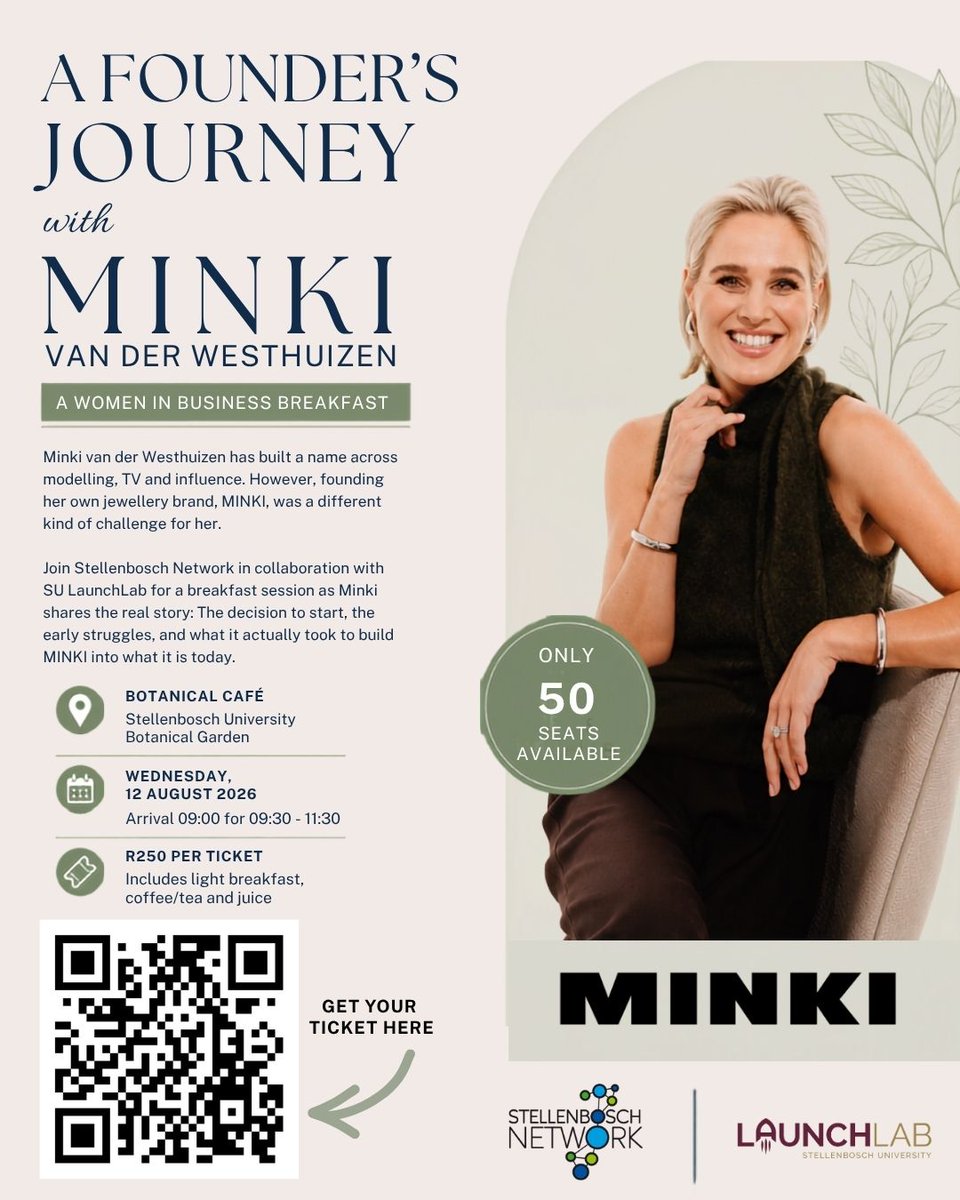 StellenboschN's tweet photo. Join entrepreneur Minki van der Westhuizen for an inspiring Women in Business Breakfast on 12 August at Stellenbosch University. Hear her founder story, network, and book early—only 50 seats available.
Register today! https://t.co/fWhELYgsmY https://t.co/cB2qJ0YxvI