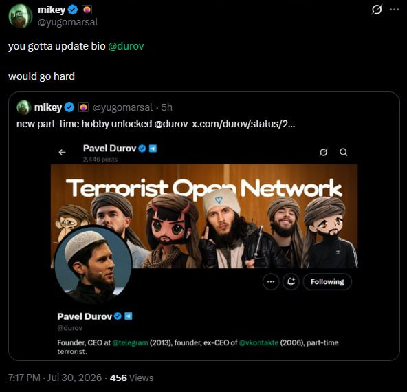 TERROR_GRAM's tweet photo. ✈️ Welcome to Terrorgram, newbie terrorists

Recently, Pavel Durov was added to the list of terrorists in his home country. He decided not to tolerate it and to mock this situation

Pavel set as his avatar a meme that he had posted back in the distant 2017 on VK, which was taken away from him, bought expensive gifts in Telegram and posted the meme in the main Telegram channel clearly describing the trash that is happening in the world

📈 He actively supports movements that mock this situation. We need to unite and help him reach the whole world, because they are trying to take away from him, and from all of us - the beloved Telegram

CA: EQAmoVE9hop3IF5P8kbw6NGxnEC6PMuLBxvNrIWMzmwD3CAl