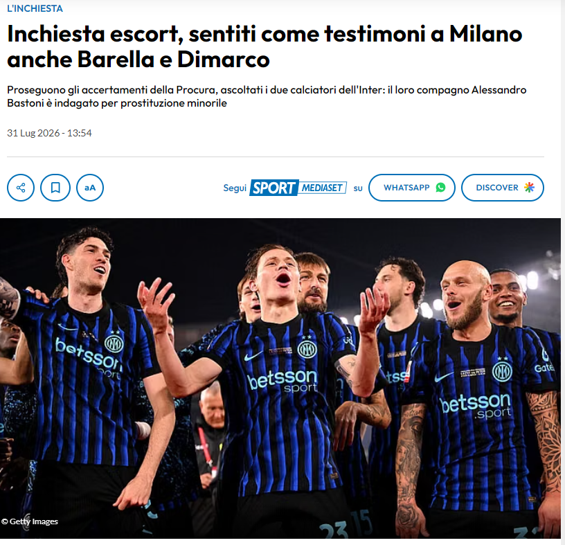 Fabio_Wallys's tweet photo. Sono stati ascoltati nei giorni scorsi, come testimoni e non indagati, anche i due giocatori dell'#Inter Nicolò #Barella e Federico #Dimarco. 
Nelle scorse settimane erano stati ascoltati a verbale come testi anche l'attaccante Daniel Maldini, figlio di Paolo, il difensore Kevin Bonifazi e Riccardo Calafiori, che gioca nell'Arsenal.
Nell'inchiesta è indagato per prostituzione minorile Alessandro #Bastoni.