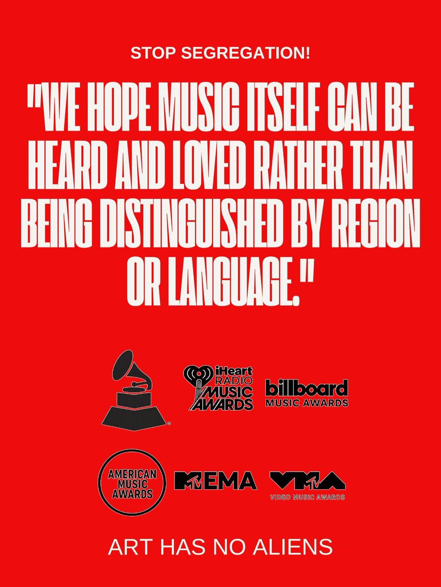 BTSSurabaya's tweet photo. ART HAS NO ALIENS 
@RecordingAcad

We hope music itself can be heard and loved rather than being distinguished by region or language. 

#ArtHasNoAliens https://t.co/U27vbuG1Oe