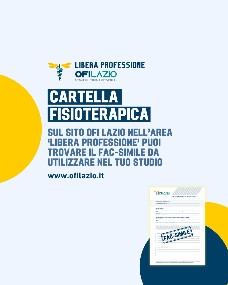 ofilazio's tweet photo. 📄 Sul sito OFI Lazio nell’area ‘Libera Professione’ puoi trovare il fac-simile della ‘cartella fisioterapica’ da utilizzare nel tuo studio.

Clicca qui 👉 https://t.co/h1vr5V6TZf https://t.co/1c0BRO99Yg