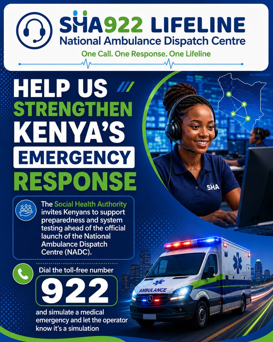 _shakenya's tweet photo. Help us strengthen Kenya’s emergency response. Dial toll-free 922, simulate a medical emergency, and let the operator know it’s a simulation. https://t.co/Ch35C4b3rW