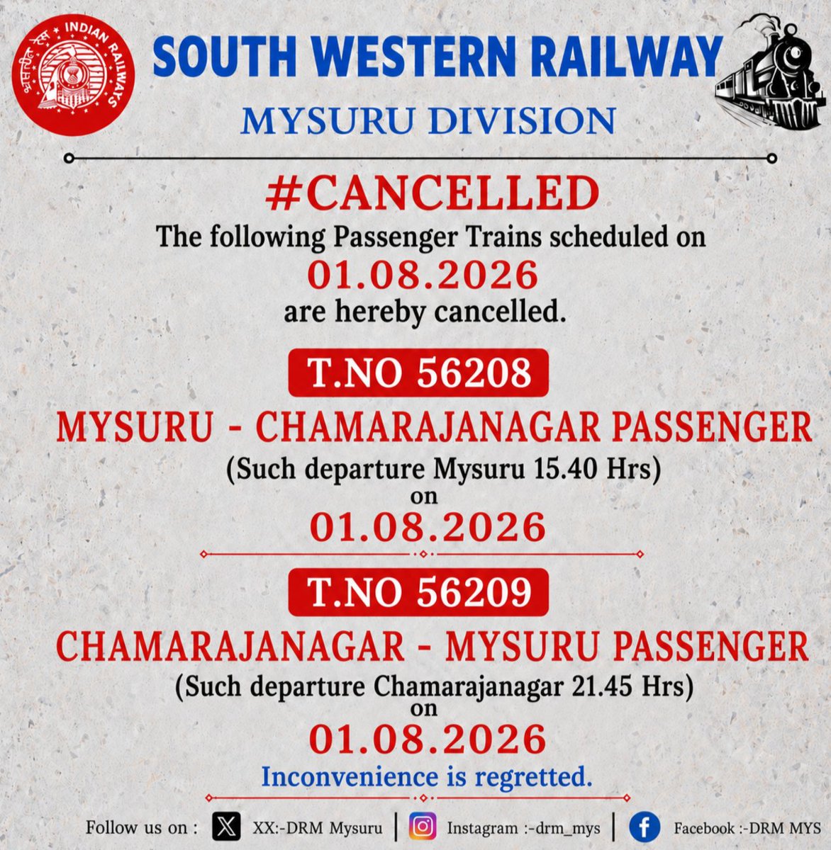 DrmMys's tweet photo. Passengers kindly note:
#SWRUpdates
@RailMinIndia
@SWRRLY
#IndianRailways
#MysDivision
#Mysore 
#Chamarajanagar https://t.co/Fh6KtuKKd8