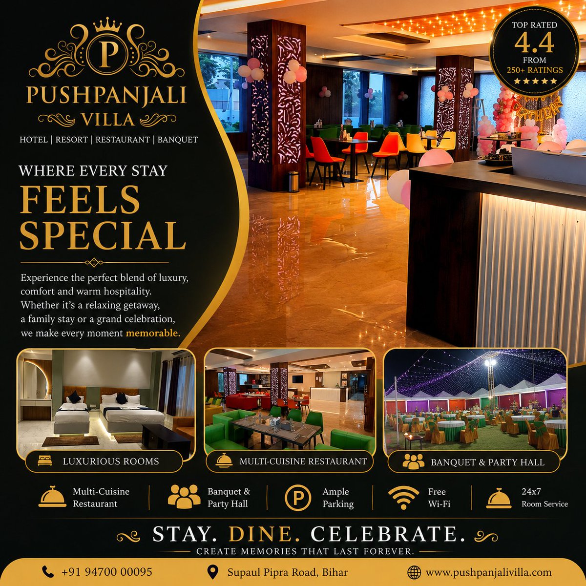 Pushpanjalivila's tweet photo. ✨ 🏨From luxurious rooms and delicious dining to unforgettable celebrations—Pushpanjali Villa is your perfect destination for every occasion.

📍 Supaul Pipra Road, Bihar
📞 +91 9470000095

#PushpanjaliVilla #LuxuryStay #HotelInSupaul #ResortLife #BanquetHall #FineDining https://t.co/6wddixgJkM