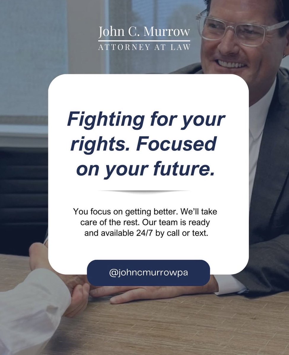 johncmurrowlaw's tweet photo. After an injury, the last thing you should worry about is paperwork, deadlines, and phone calls. We'll manage the process, keep your case organized, and fight on your behalf so you can focus on recovery.

Call or text us at (813) 945-3246 https://t.co/nnMwxUwSbd