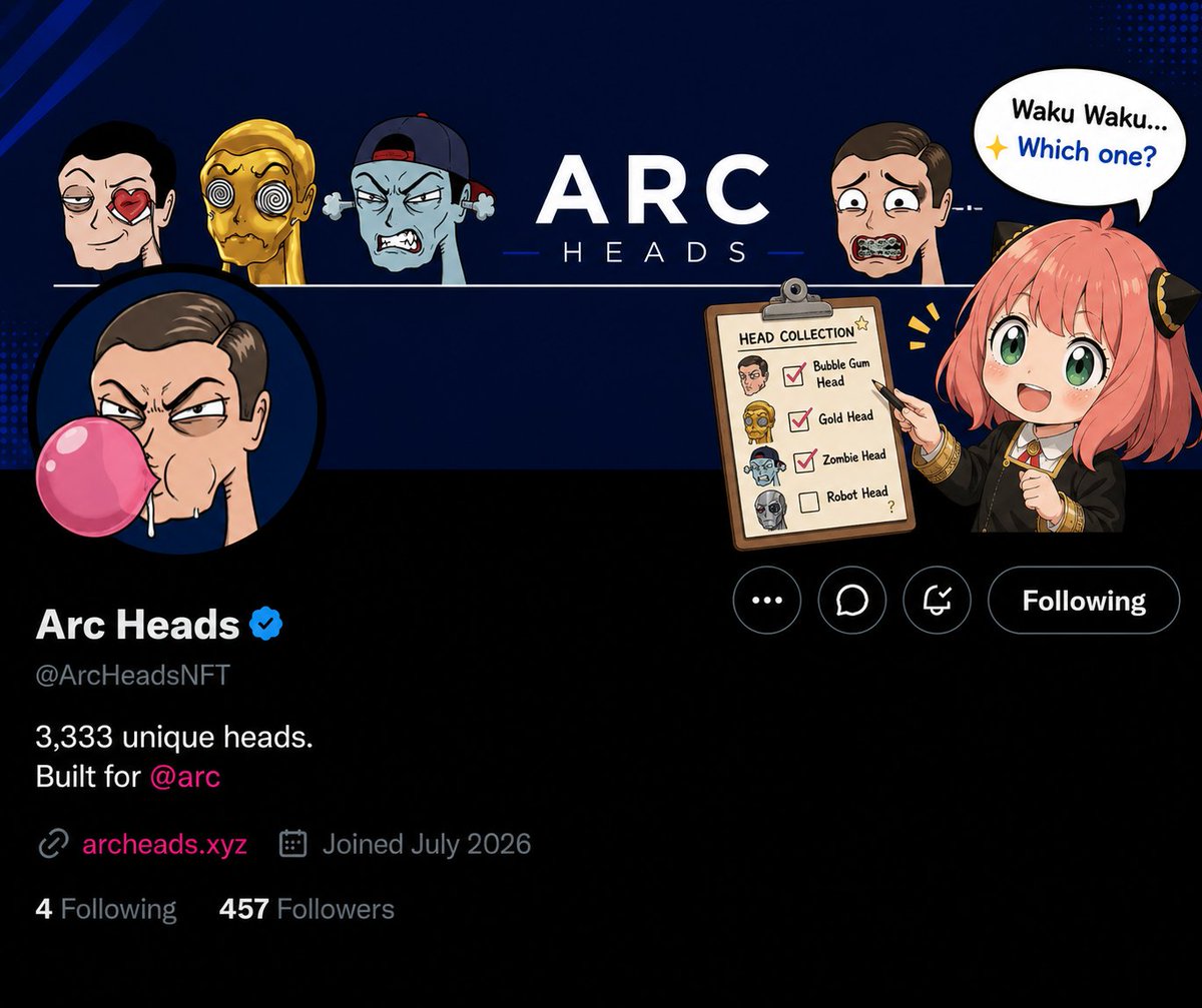 AnyaVerse007's tweet photo. 🌸 𝐖𝐚𝐤𝐮 𝐖𝐚𝐤𝐮 𝐅𝐢𝐧𝐝 🌸

🗿  𝐀𝐫𝐜 𝐇𝐞𝐚𝐝𝐬 • @ArcHeadsNFT  🗿

⚡ 𝐑𝐞𝐚𝐝𝐲 𝐟𝐨𝐫 𝐭𝐡𝐞 𝐀𝐫𝐜 𝐄𝐫𝐚 ?

🗿 𝟑,𝟑𝟑𝟑 𝐔𝐧𝐢𝐪𝐮𝐞 𝐇𝐞𝐚𝐝𝐬  •  𝐨𝐧 𝐀𝐫𝐜 𝐂𝐡𝐚𝐢𝐧

👀 𝐃𝐘𝐎𝐑 🤍 https://t.co/QdkrDJK90U