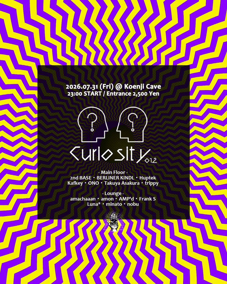 _Luna__'s tweet photo. 今夜はこちら！💁🏻‍♀️

-- Koenji Cave presents --
Curiosity - 012 -

11pm Friday JUL 31st, 2026
@ Koenji Cave Tokyo
B1 4-23-5 Koenji Minami Suginami-ku, TOKYO

door : 2,500yen 
※ディスカウントは各出演者までご連絡ください
DM for the list

genre : Psychedelic Trance / Techno, House https://t.co/yh14FNgbub