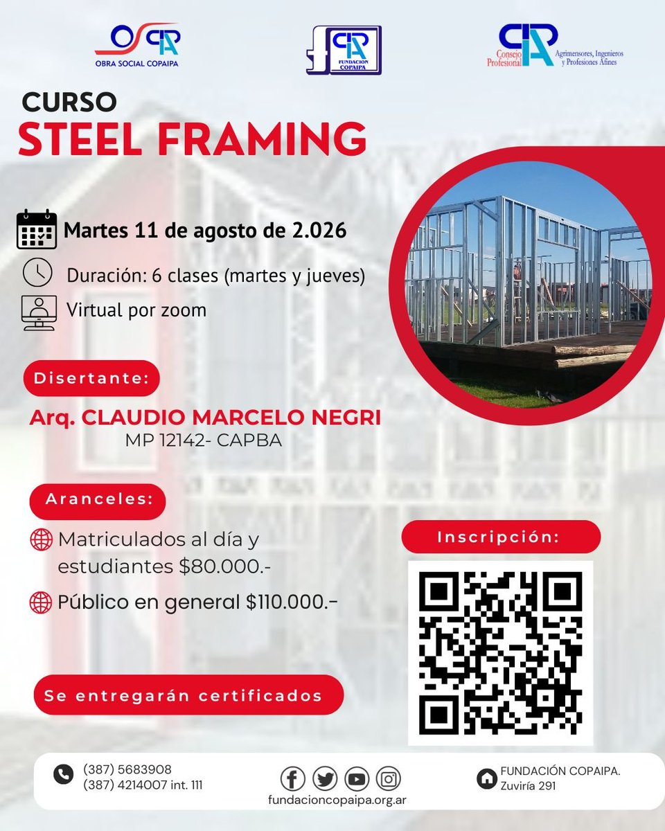 copaipa's tweet photo. Curso: Steel Framing 2026.

COPAIPA invita al CURSO: Steel Framing, a iniciarse el martes 11 de agosto a las 18.00 hs. a cargo del Arq. Claudio Negri MP CAPBA 12142 . CUPO LIMITADO.

Duración: 6 clases. Martes y jueves. Inicia martes 11 de agosto. https://t.co/xsnEugQdhC