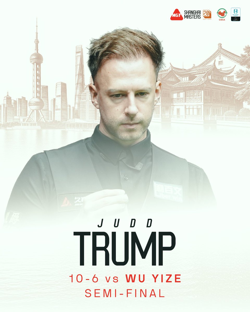 WeAreWST's tweet photo. A TRULY DOMINANT PERFORMANCE! 🔥

Judd Trump is our first #ShanghaiMasters finalist with a 10-6 win over the World Champion.

What a start to the season! https://t.co/SRJb6ju5am