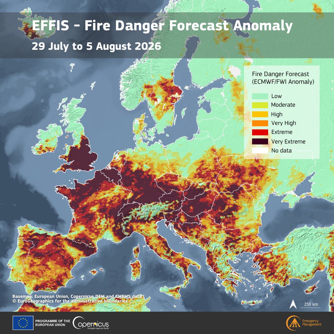 CopernicusEMS's tweet photo. The latest #EFFIS Fire Danger Forecast Anomaly for 29 July-5 August highlights unusual conditions across Europe

Darker areas = stronger anomalies vs. historical data, meaning weather conditions are expected to be more favourable than usual for wildfire spread in case of ignition https://t.co/Ee2Moofsk6
