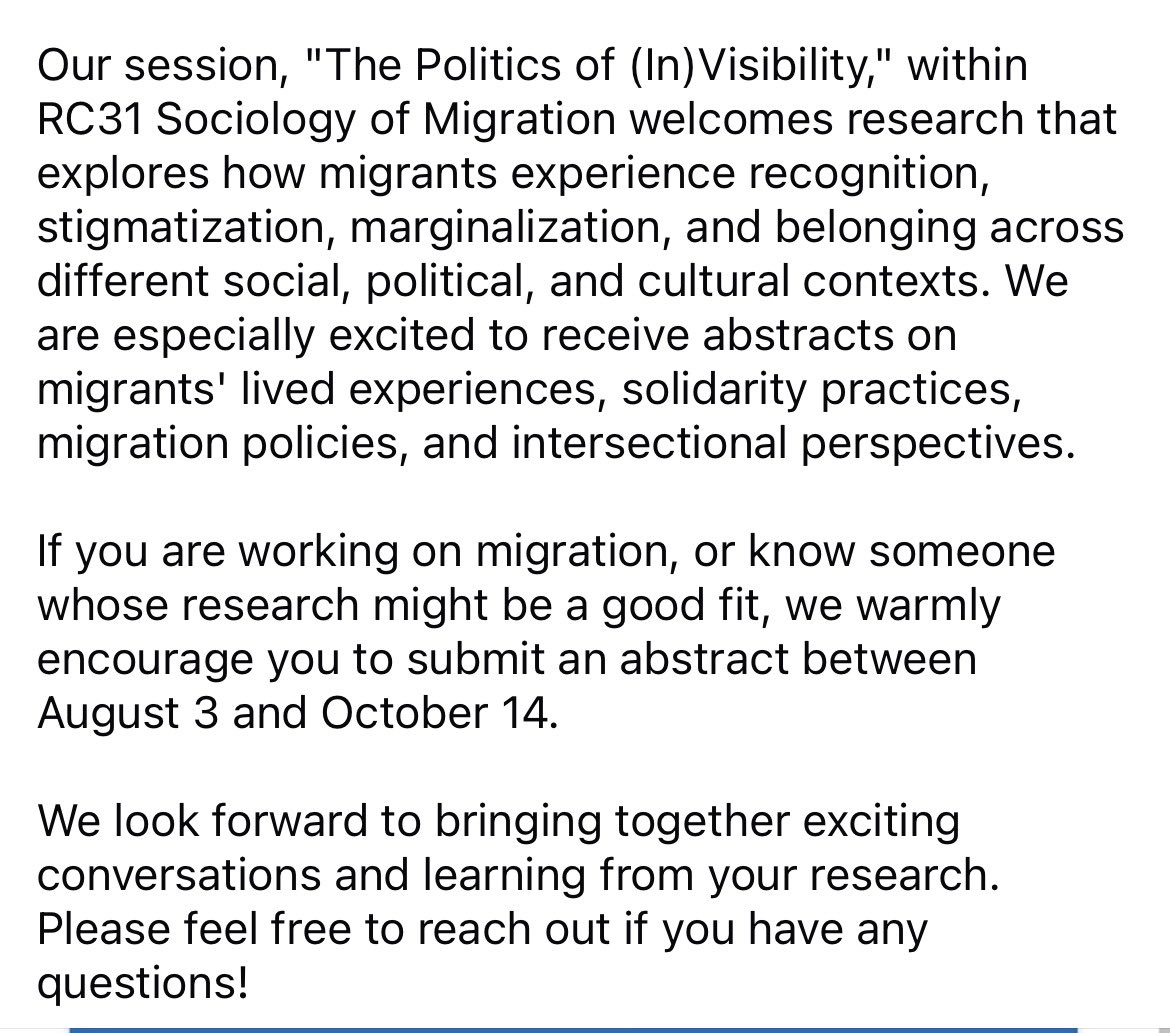 bard_jester's tweet photo. @gulcozdemir and I are organizing a session on “The Politics of (In) Visibility” at @isa_sociology the International Sociological Association World Congress of Sociology 2027 in Gwangju, South Korea. Please consider submitting your abstracts between August 3 and October 14. https://t.co/ojVzcC4jMK