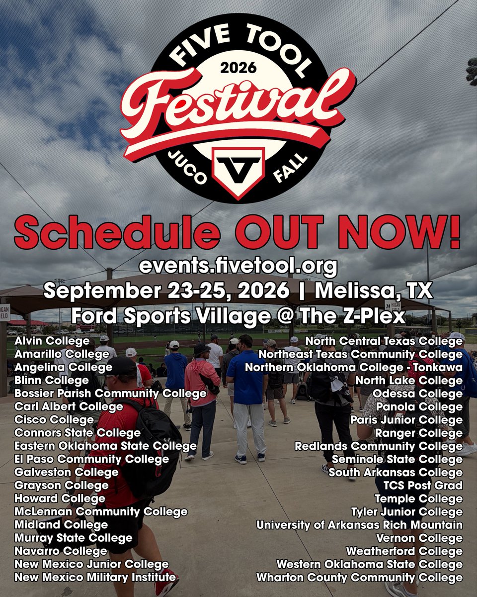FiveToolJUCO's tweet photo. The 2026 @FiveTool JUCO Fall Festival schedule is OUT NOW!

SCHEDULE » https://t.co/xPTgz0OdRC

#WatchEm / #FallFestival https://t.co/izxKsvGj9P