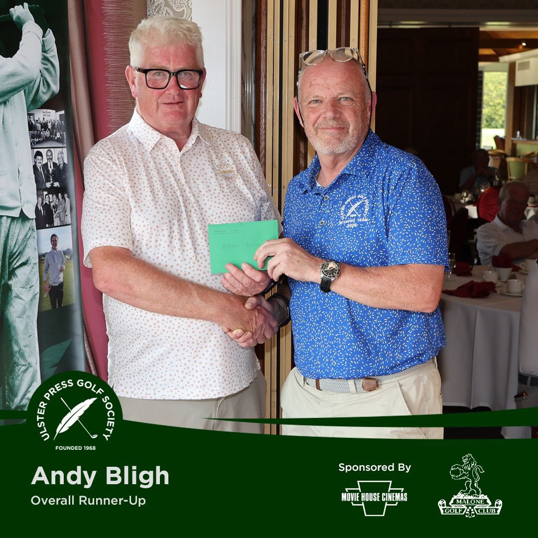 UlsterPressGolf's tweet photo. 👏🏻 Well done to Garfield Harrison on winning the top prize at a very sunny Malone Golf Club. He finished just ahead of Andy Bligh, who also celebrated a hole in one at the 15th. ⛳️
Big thanks to our kind sponsor @moviehouseni 
See more - https://t.co/QgMCrFLAbT https://t.co/XZitU03a3s